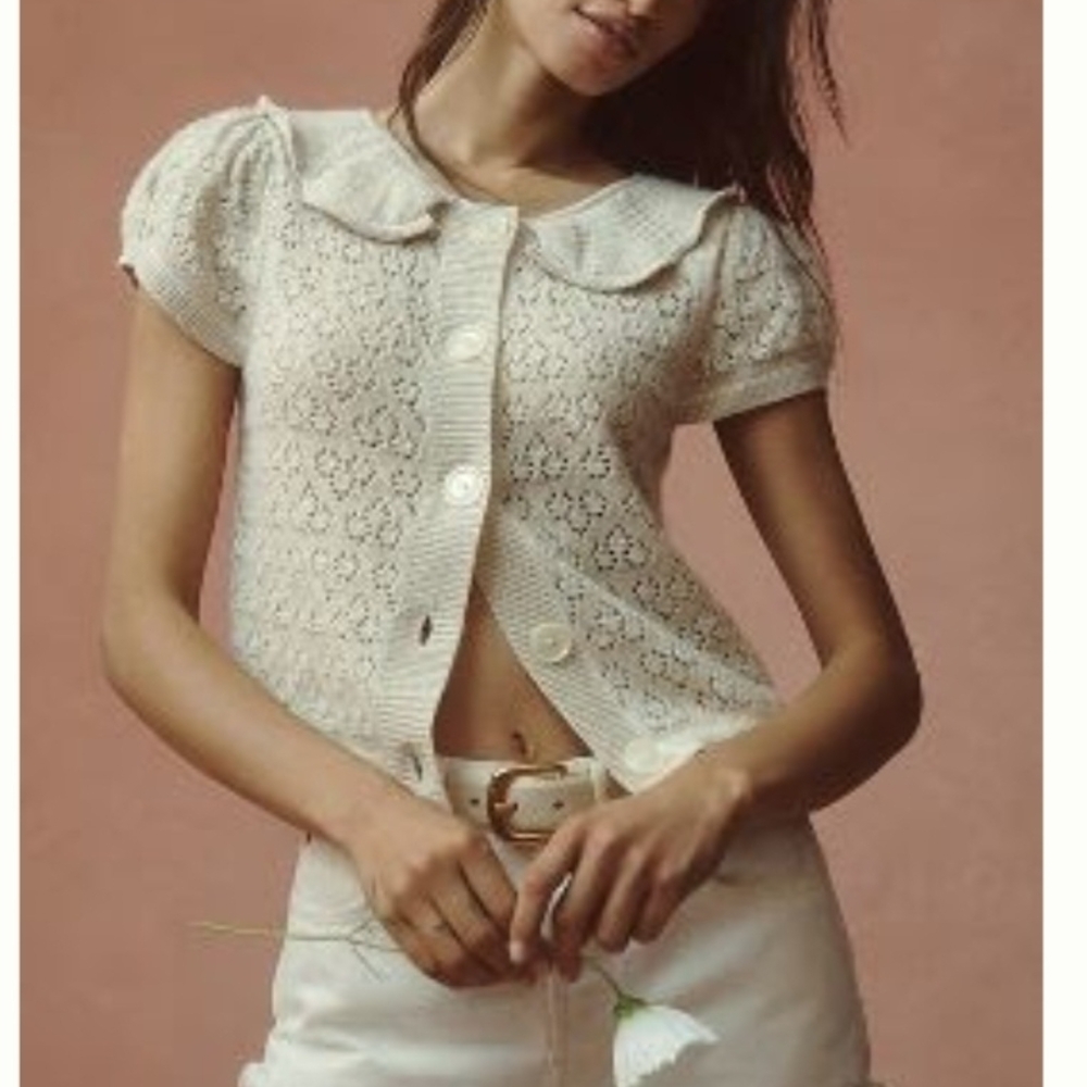 Anthropologie Maeve Cream Button-Up Short Sleeve Cashemere Sweater.